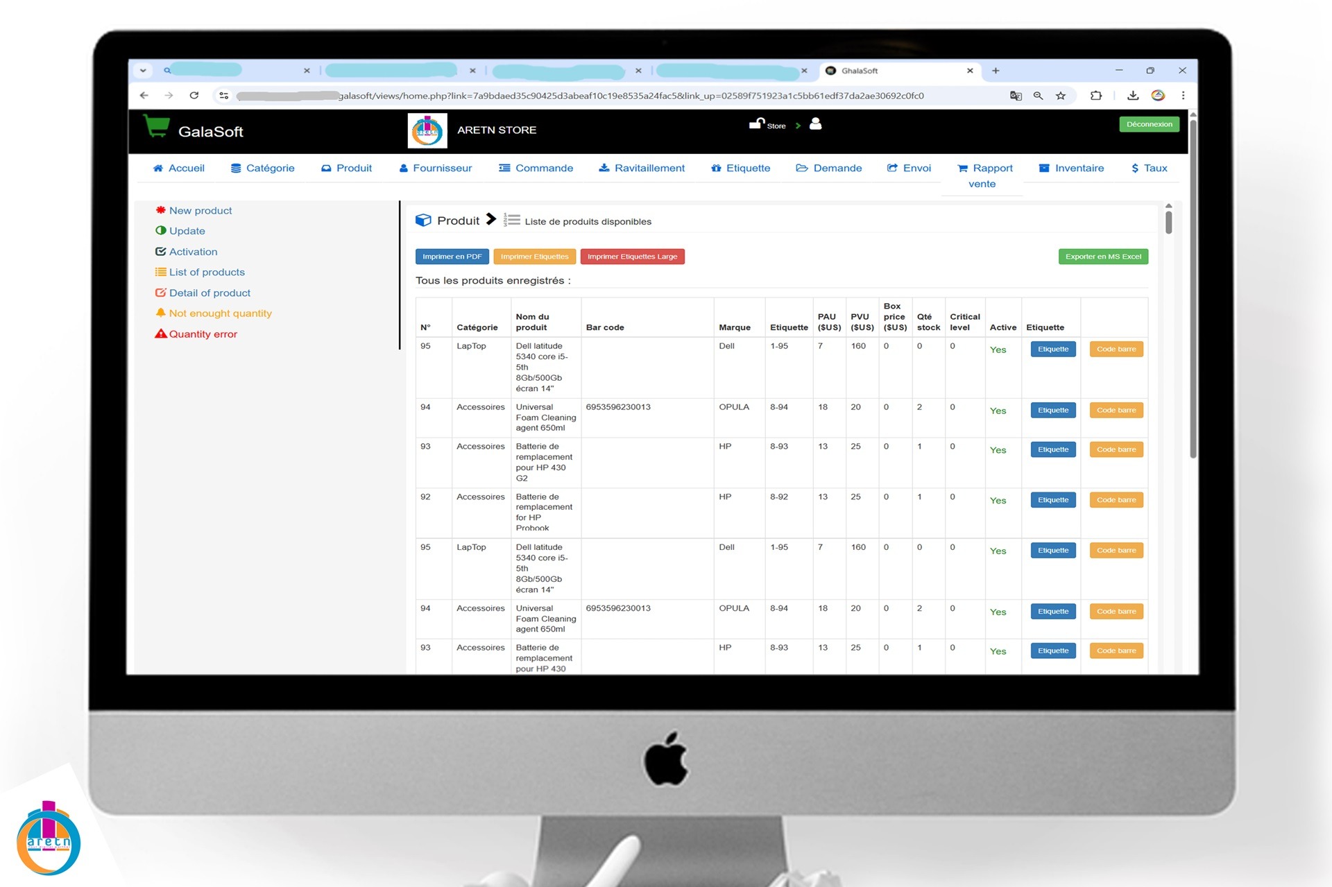 Interface de gestion des stocks et des ventes